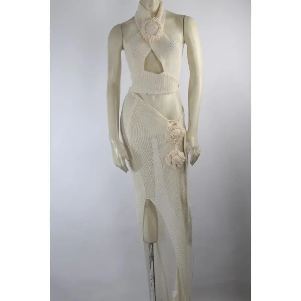 Cream Knit 2 Pc Set S Halter Keyhole Crop Top Asymmetric Slit Maxi Skirt